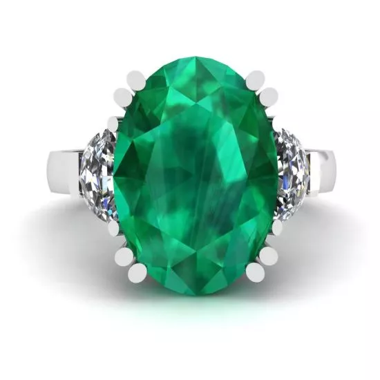 Oval Emerald with Half-Moon Side Diamonds Ring, Enlarge image 1