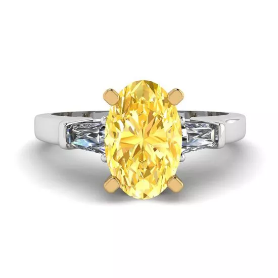 Oval Yellow Diamond with White Side Baguettes Ring, Enlarge image 1
