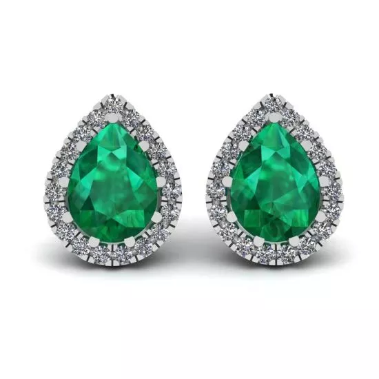Pear-Shaped Emerald with Diamond Halo Earrings, Enlarge image 1