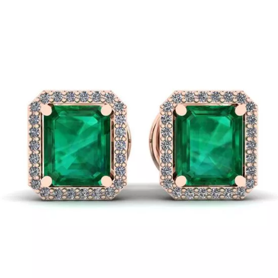 2 carat Emerald with Diamond Halo Stud Earrings Rose Gold, Enlarge image 1