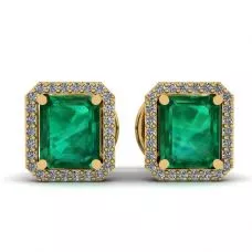 2 carat Emerald with Diamond Halo Stud Earrings in Yellow Gold