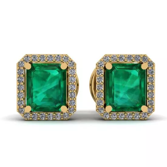 2 carat Emerald with Diamond Halo Stud Earrings in Yellow Gold, Enlarge image 1