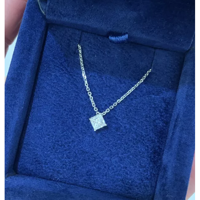 Rhombus Princess Cut Diamond Solitaire Necklace White Gold - Photo 2